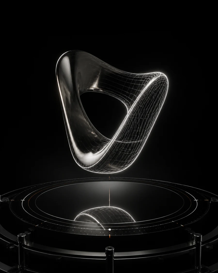 An asymmetrical loop sculpture blending translucent glass and wireframe above a black measurement platform
