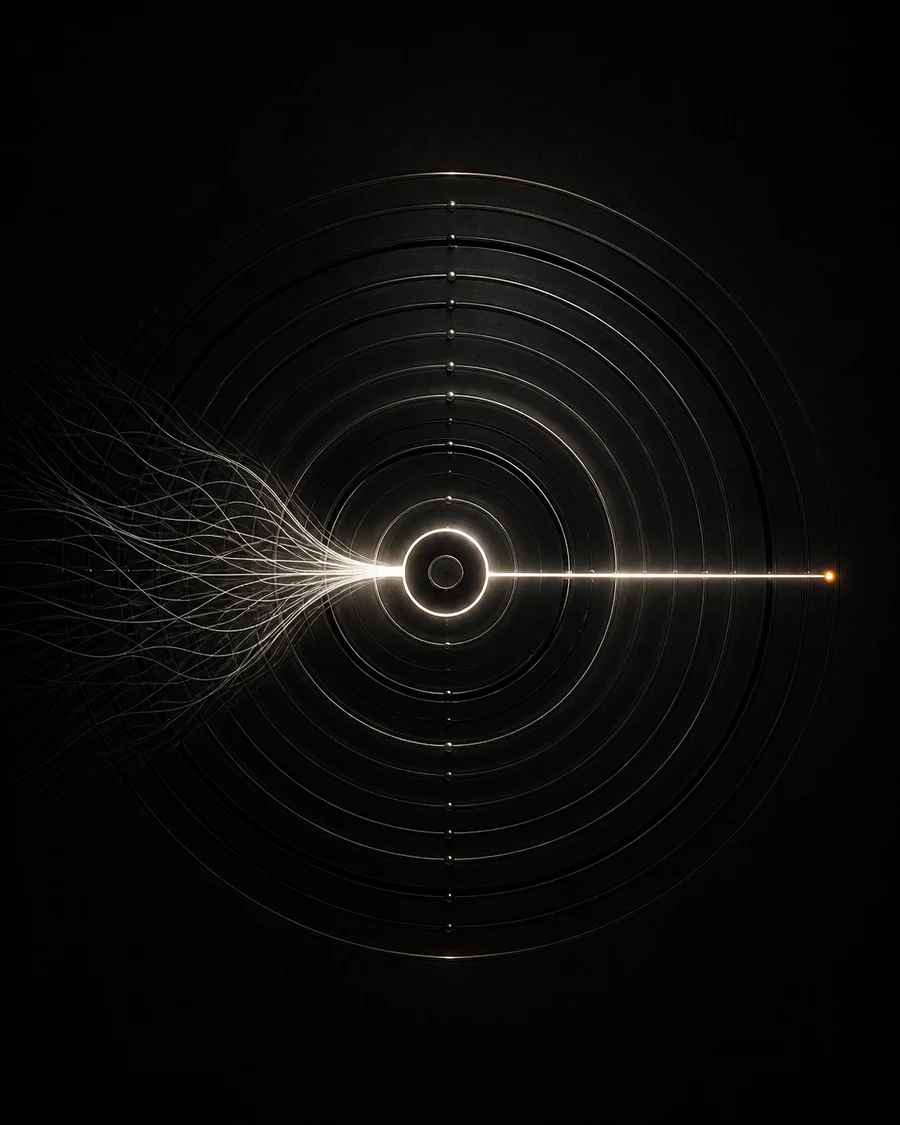 Tangled fine lines converging into one luminous path through concentric rings