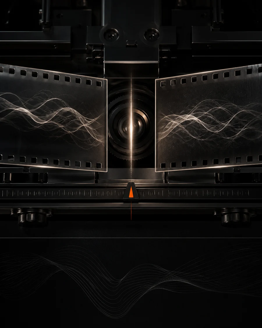 Two translucent film frames separated around a central lens and orange playhead in a black editing apparatus