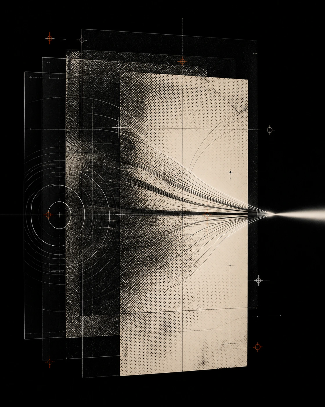 Black and warm-white paper, halftone, and measurement lines converging into a bright signal