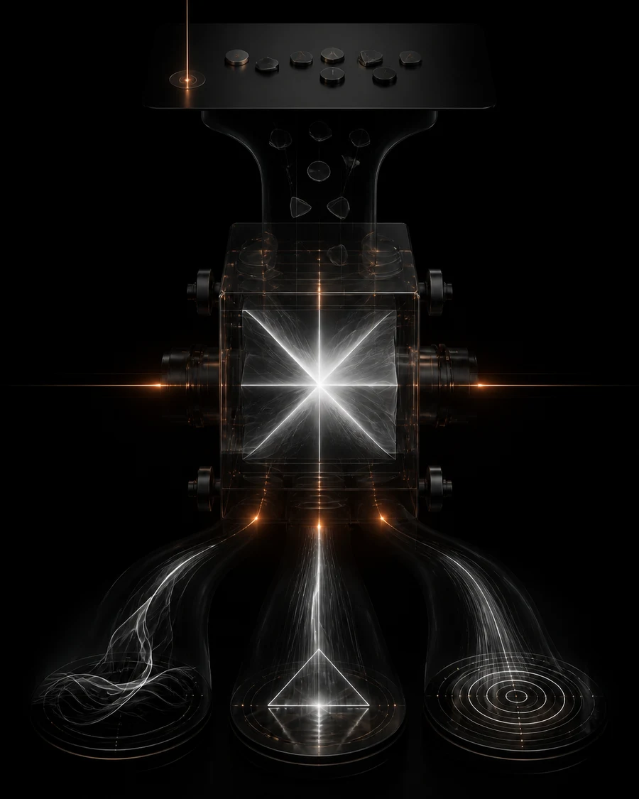 A black generative apparatus sending prompt objects into a luminous core and branching into three white forms