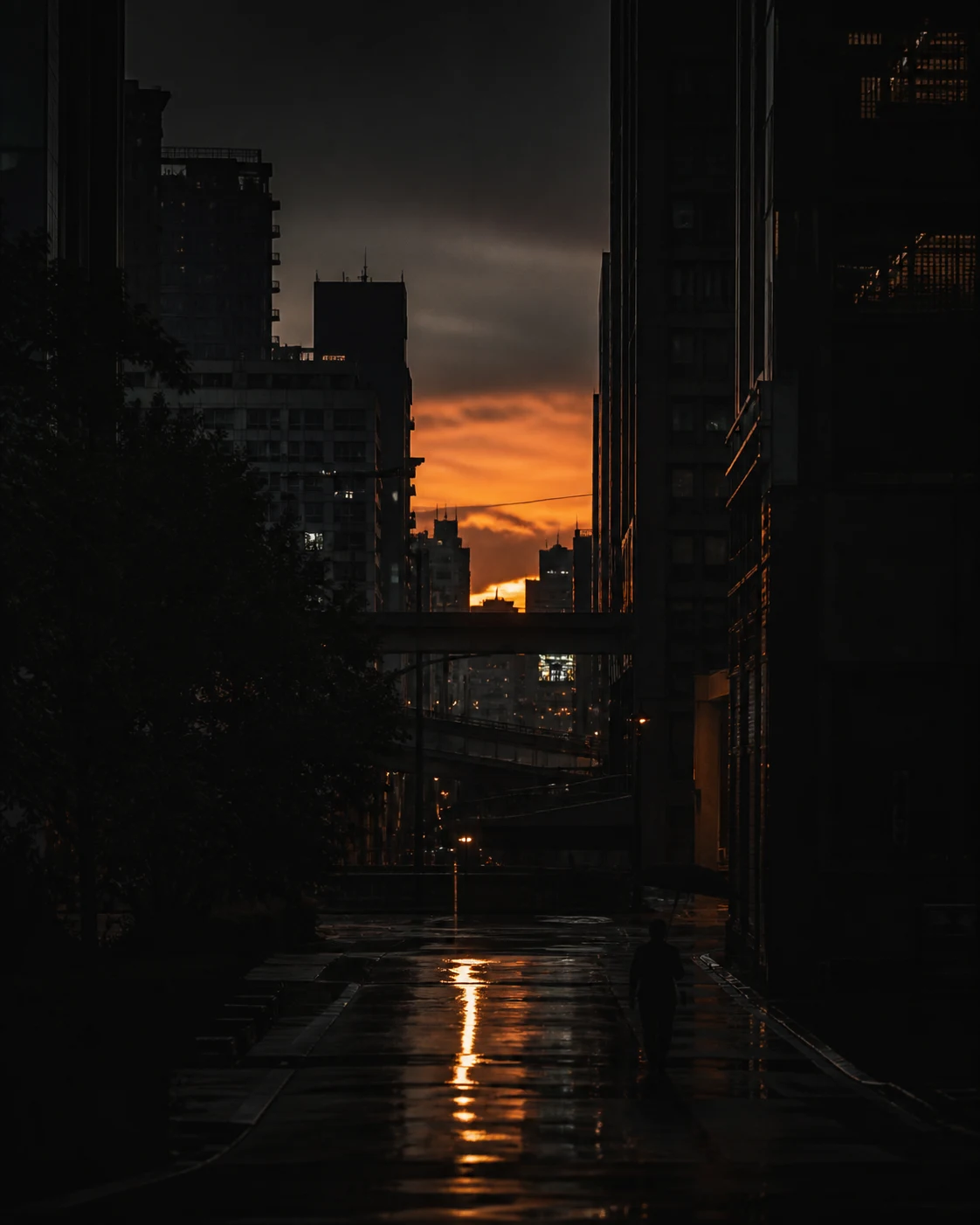 Orange afterglow between Taipei towers reflected on a wet street