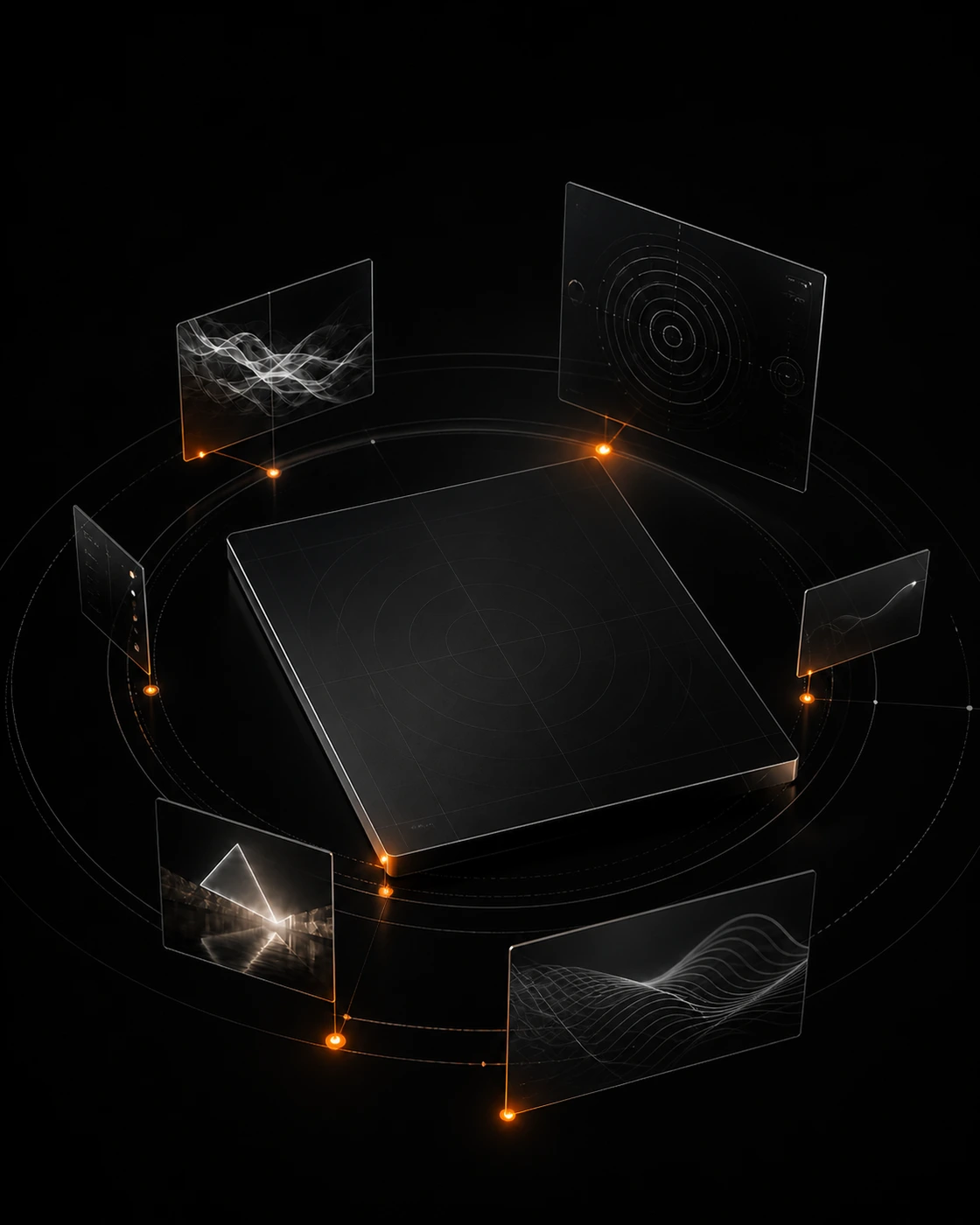 Translucent creative interface modules orbiting a central black canvas