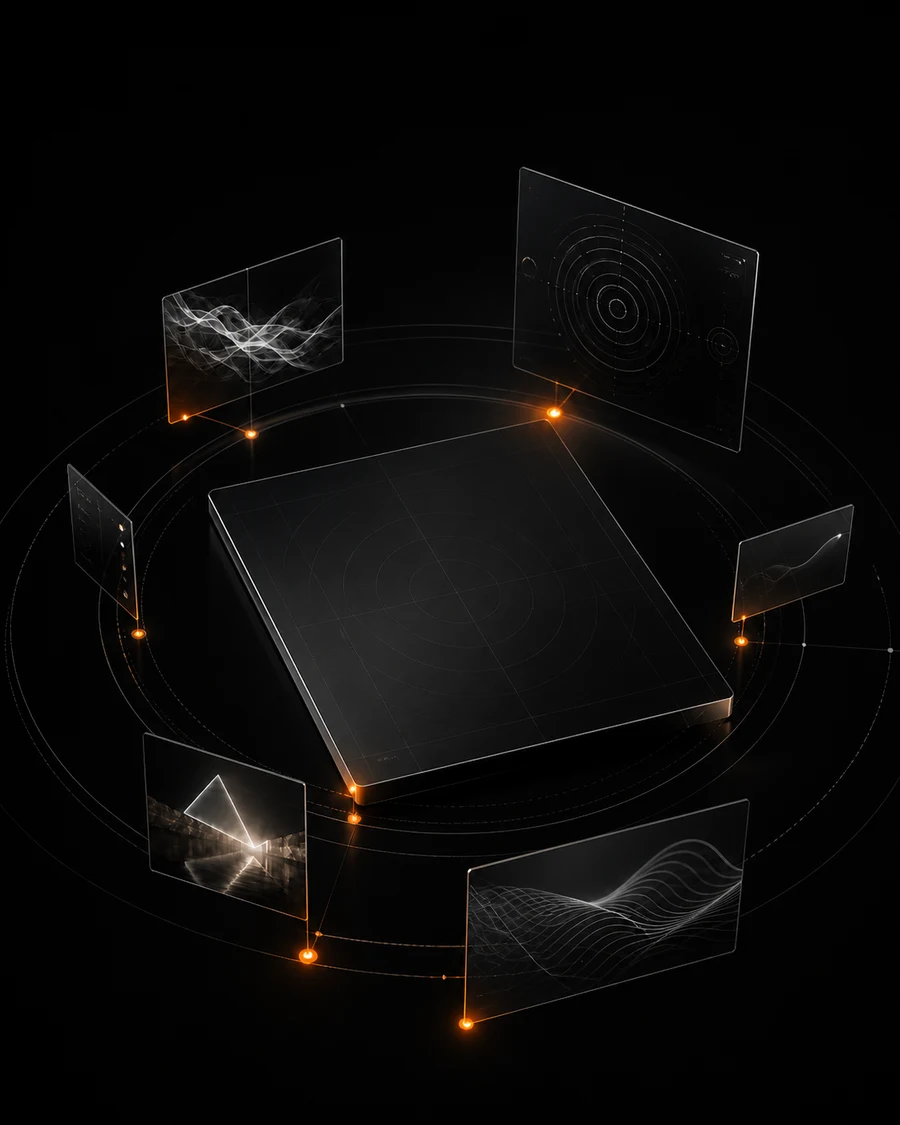 Translucent creative interface modules orbiting a central black canvas