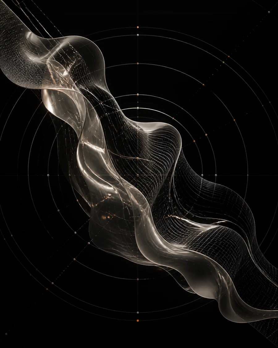 A transparent flowing surface crossing concentric measurement arcs and orange datum points