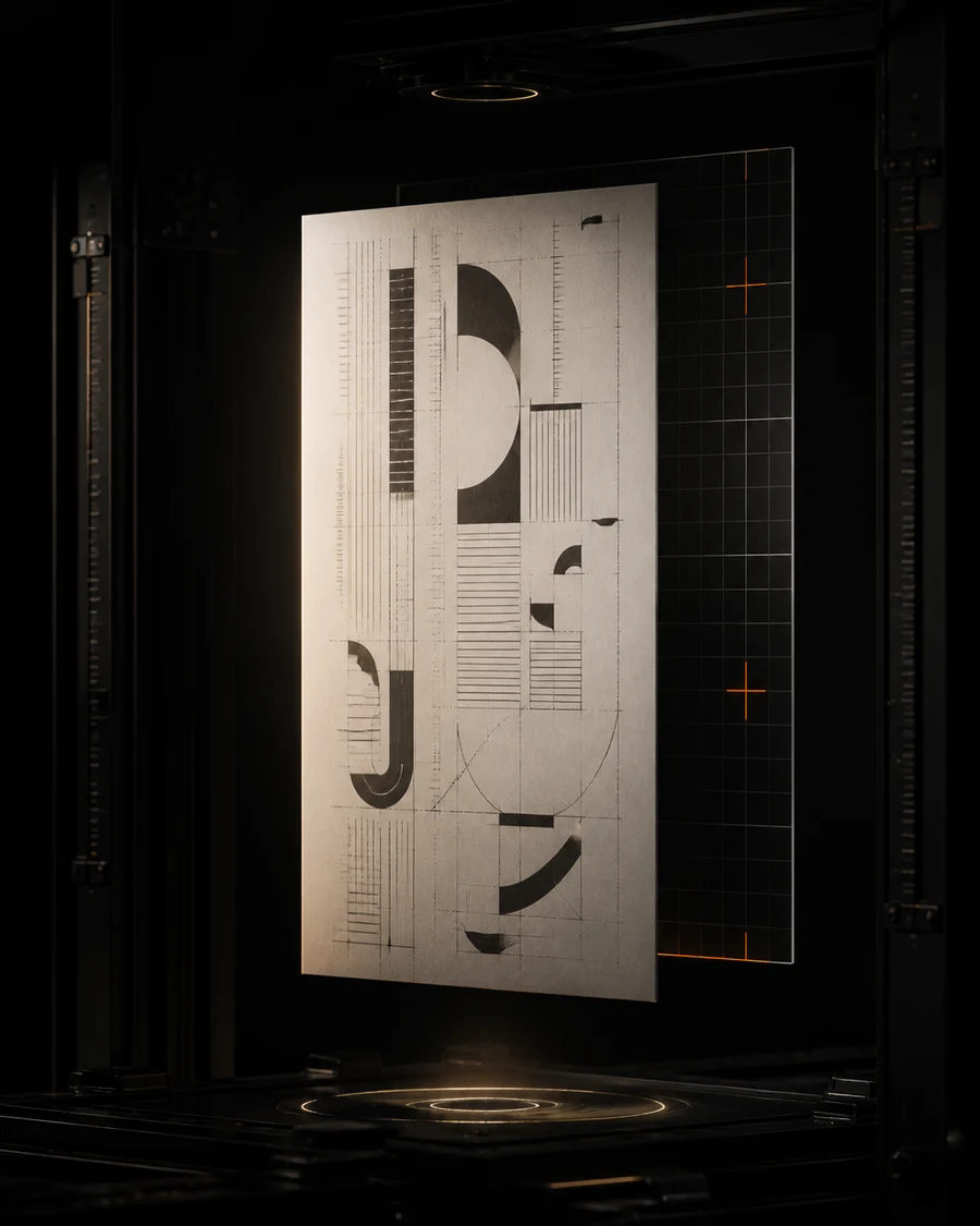 Geometric glyph fragments and baselines on warm-white paper suspended in a black measurement chamber